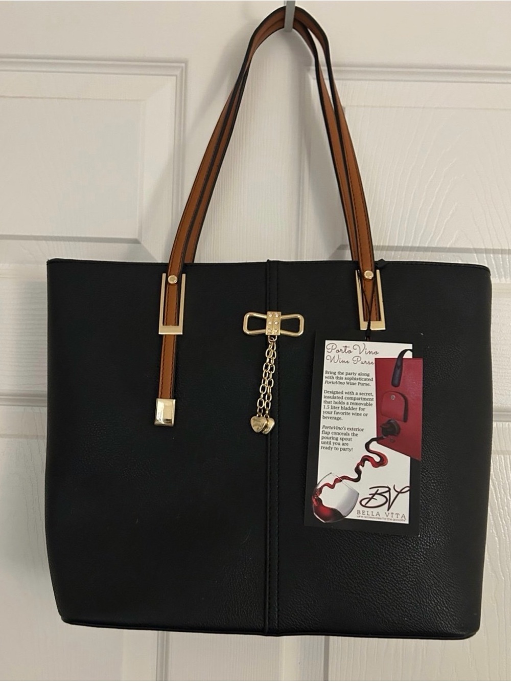 Bella Vita Black Tote with Tan Straps and Gold Charm